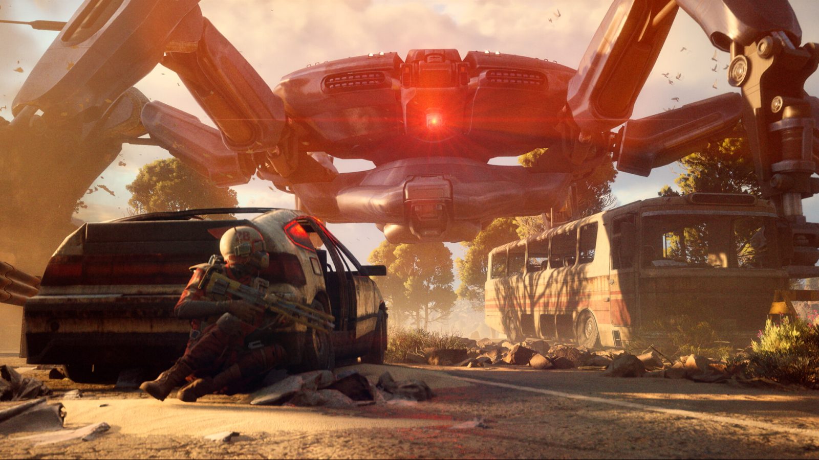 A Raider takes cover behind a wrecked car as a giant red-eyed ARC machine looms overhead in ARC Raiders