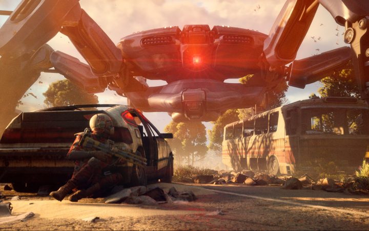 A Raider takes cover behind a wrecked car as a giant red-eyed ARC machine looms overhead in ARC Raiders