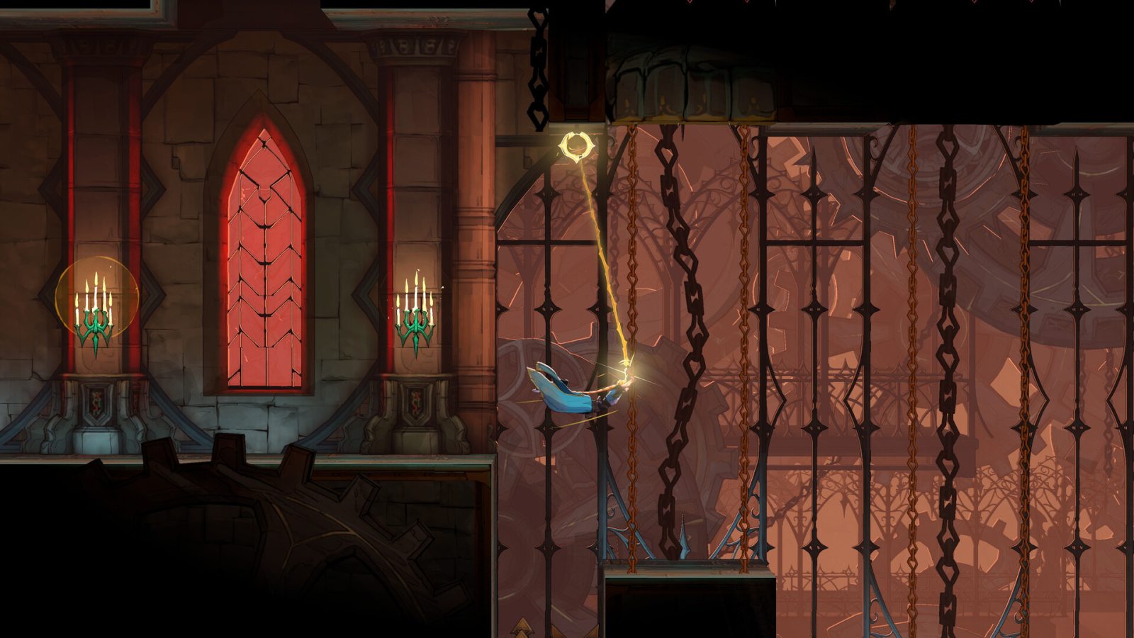 Rose Belmont swings from her whip inside a gothic castle chamber in Castlevania: Belmont's Curse