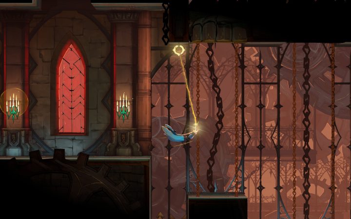 Rose Belmont swings from her whip inside a gothic castle chamber in Castlevania: Belmont's Curse