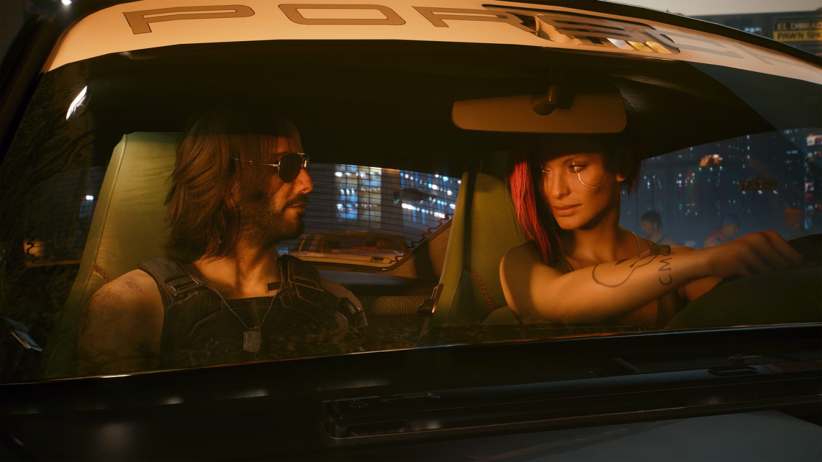 Johnny Silverhand and V ride in a Porsche through neon-lit Night City in Cyberpunk 2077