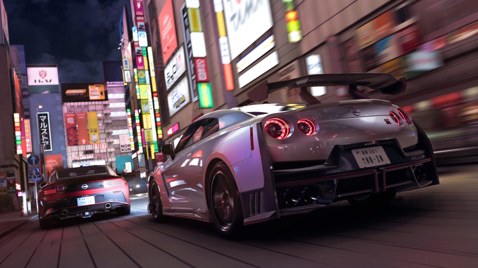 A silver Nissan GT-R races through a neon-lit Tokyo street in Forza Horizon 6