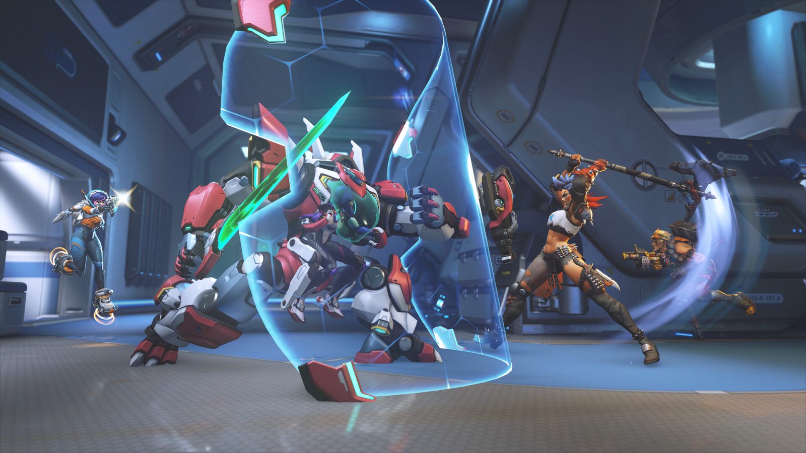 Overwatch heroes clash in a futuristic hangar as a barrier shield deflects fire